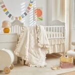 Tufted Ruffle Crib Bedding Set 3 Pieces Baby Boho Quilted Comforter with Fitted Sheet and Bed Skirt – Cute Ruffled Shabby Chic Baby Bedding Soft Blanket Design Cream White