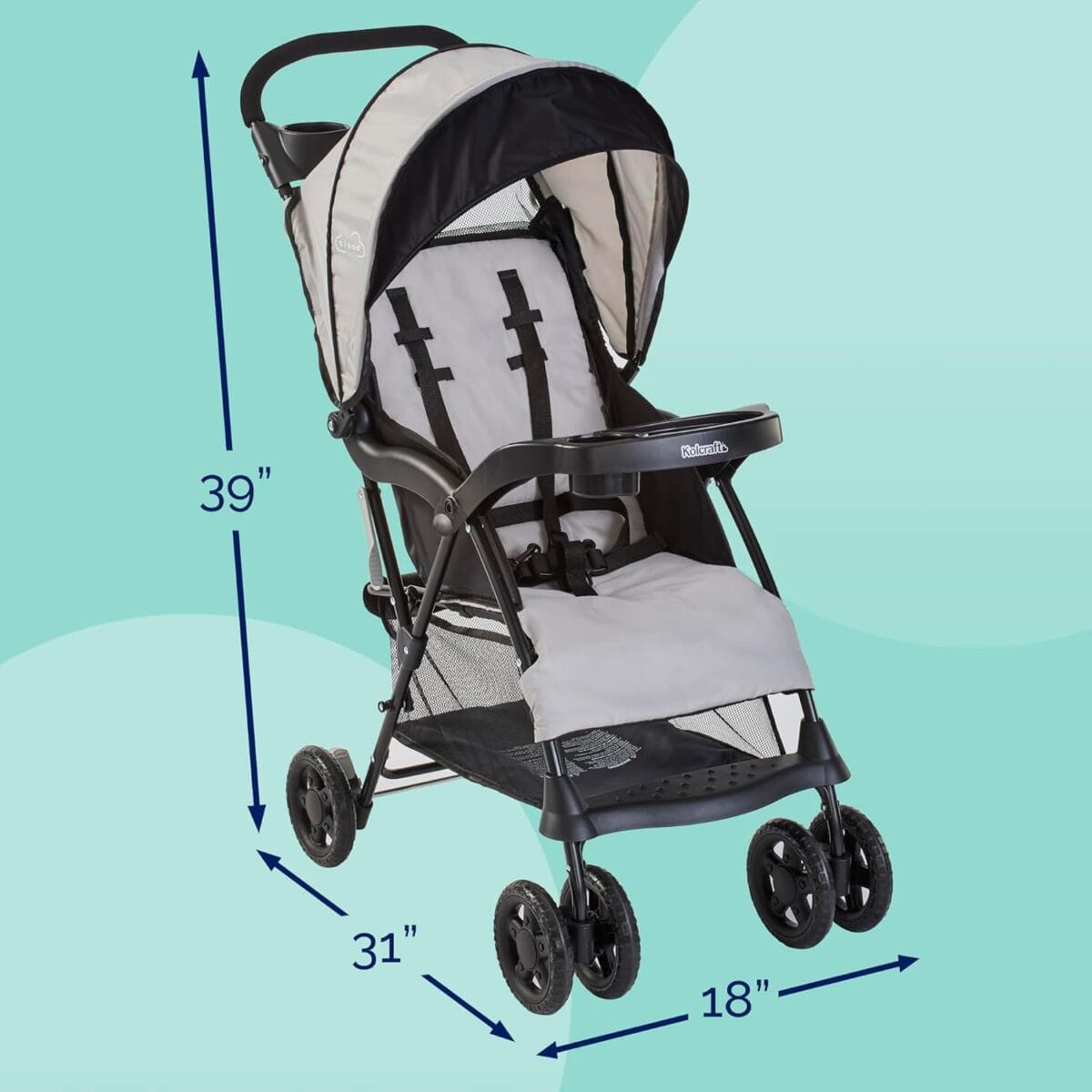 Kolcraft Cloud Plus Lightweight Toddler Umbrella Baby Stroller with Large Storage Basket and Canopy, Reclining Seat, Child and Parent Trays, Compact Easy Fold for Summer Travel – Slate Gray