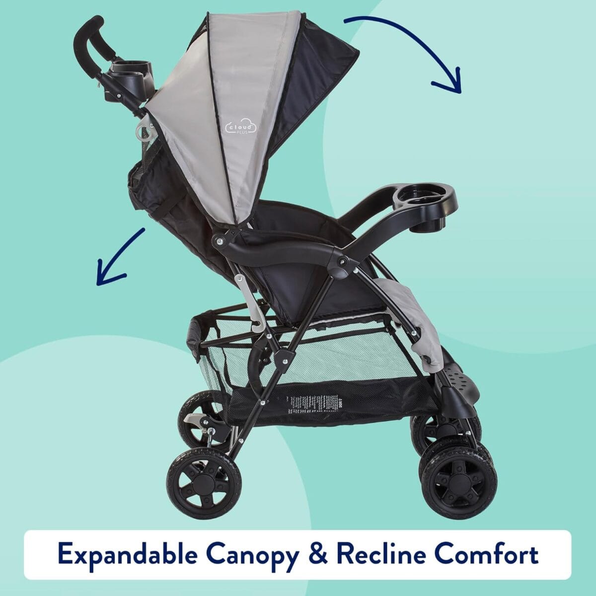 Kolcraft Cloud Plus Lightweight Toddler Umbrella Baby Stroller with Large Storage Basket and Canopy, Reclining Seat, Child and Parent Trays, Compact Easy Fold for Summer Travel – Slate Gray