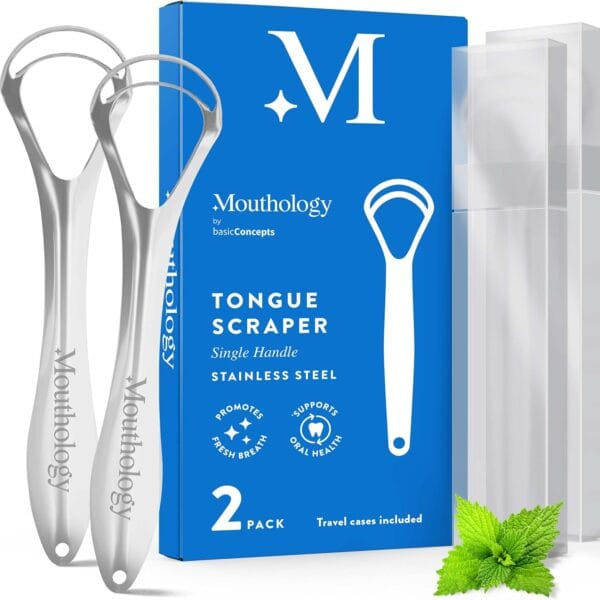 Mouthology Tongue Scraper for Adults (2 Pack), Reduce Bad Breath, Metal Tongue Scraper, Tongue Cleaner, Tongue Scraper, Stainless Steel Tongue Scraper, Tongue Cleaner for Adults, Tongue Scrubber