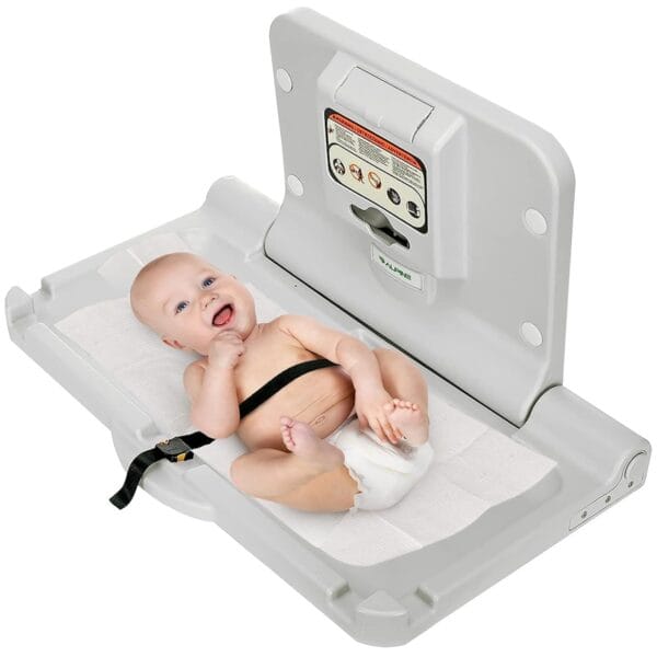 Alpine Wall Mounted Baby Changing Station - Horizontal Baby Changing Table Foldable Diaper Tables with Safety Strap for Commercial Bathroom, ADA Complaint (Hardware Included) White Gray