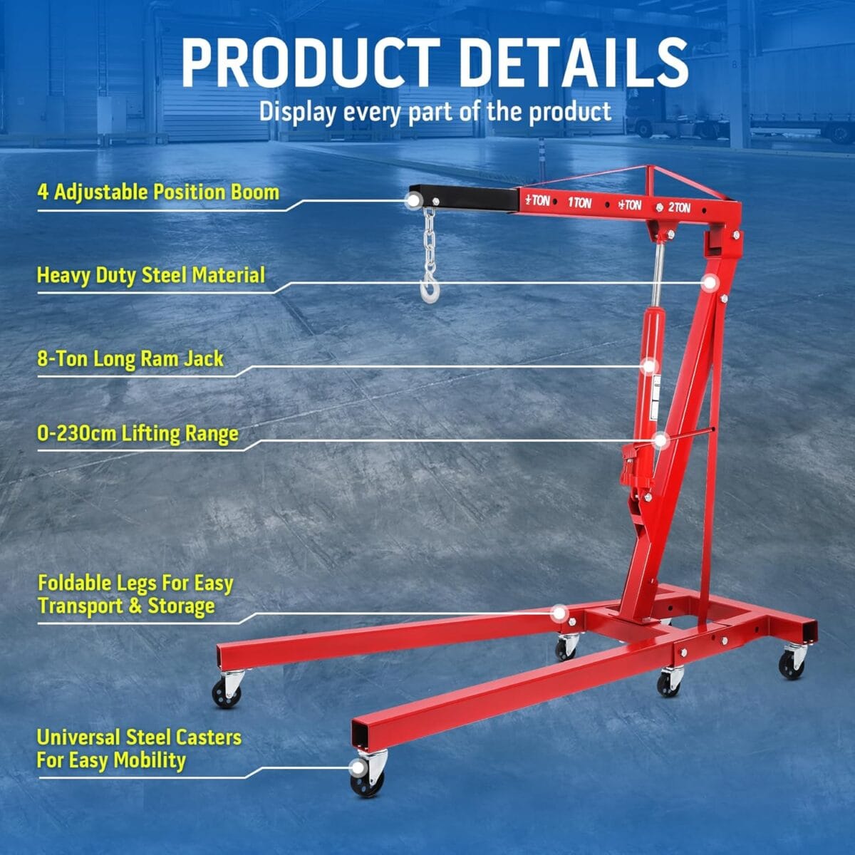Hydraulic Engine Crane Hoist, 2 Ton Folding Motor Hoist Cherry Picker Heavy Duty Steel 4400lbs Lifting with 6 Casters for Garage Workshop(Red)
