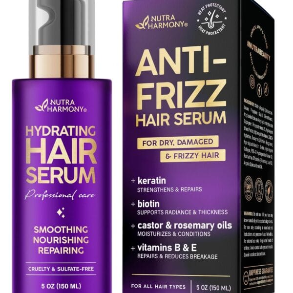 Hydrating Hair Serum for Frizzy and Damaged Hair - Keratin Hair Treatment for Dry Damaged Hair w/ Biotin, Castor Oil, Rosemary Oil, Hair Heat Protectant & Anti Frizz Hair Serum For Frizzy Hair, 5 Oz
