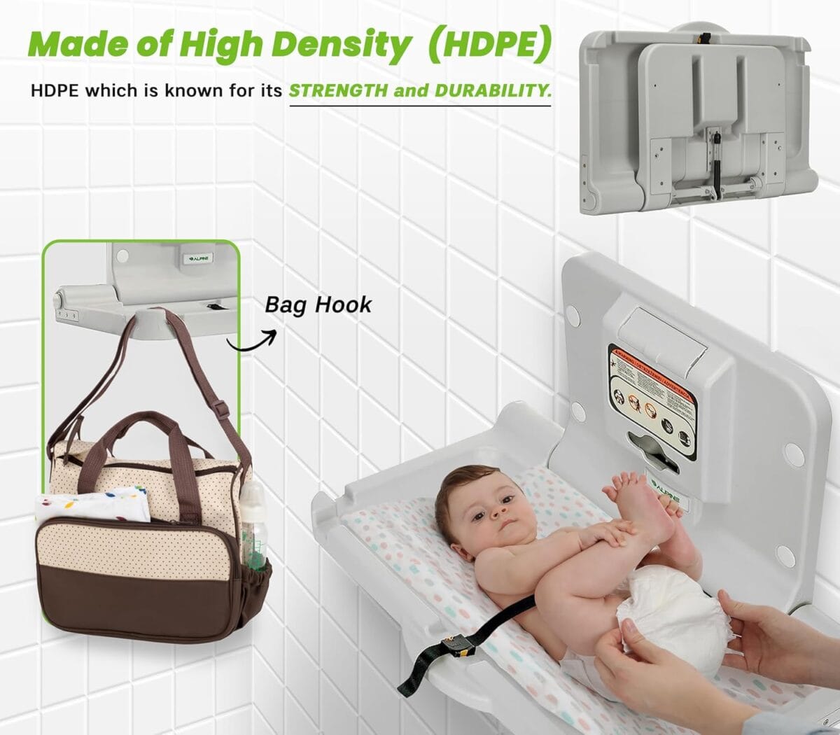 Alpine Wall Mounted Baby Changing Station – Horizontal Baby Changing Table Foldable Diaper Tables with Safety Strap for Commercial Bathroom, ADA Complaint (Hardware Included) White Gray