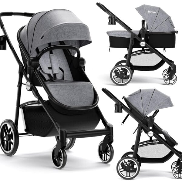 INFANS 2 in 1 Baby Stroller, High Landscape Infant Stroller & Reversible Bassinet Pram, Foldable Pushchair with Adjustable Canopy, Cup Holder, Storage Basket, Suspension Wheels (Grey)