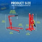 Hydraulic Engine Crane Hoist, 2 Ton Folding Motor Hoist Cherry Picker Heavy Duty Steel 4400lbs Lifting with 6 Casters for Garage Workshop(Red)