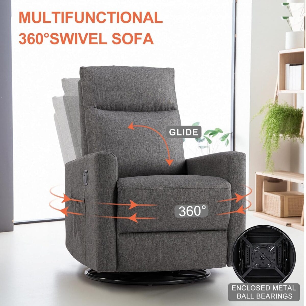 Sweetcrispy Recliner Chair, 360 Swivel Rocker Chair for Adults, Glider Rocker Recliners, Nursery Chairs for Living Room, High Back, Upholstered Deep Seat, Grey