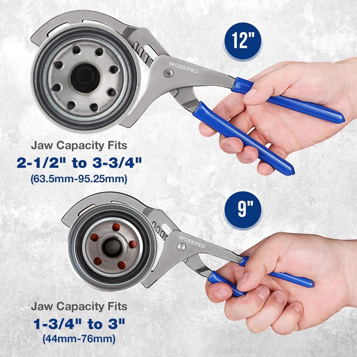 WORKPRO Oil Filter Wrench Set, 9″ & 12″ Adjustable Oil Filter Removal Pliers Tools, Ideal for Engine Filters, Cars, and Trucks, 2-piece