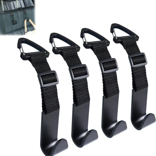Amooca Headrest Hooks for Car Adjustable 4 Pack Vehicle Seat Back Organizer Storage Hanger Holder for Purse Bags Universal Fit with Clip Black