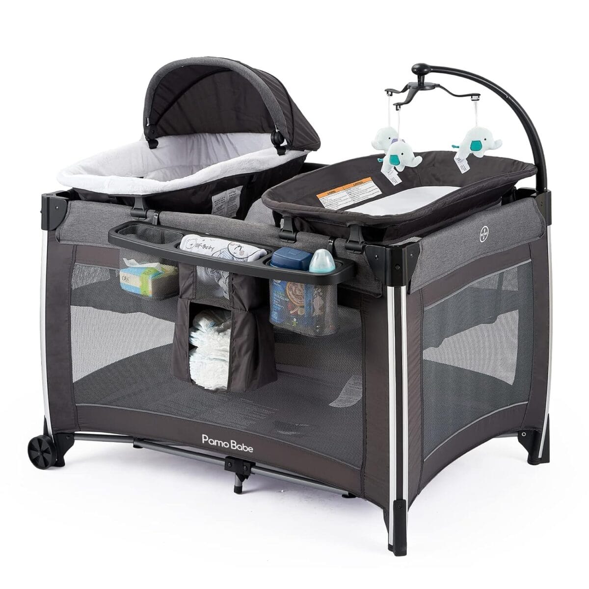Pamo Babe 4 in 1 Portable Baby Crib Deluxe Nursery Center, Foldable Travel Playard with Bassinet, Mattress, Changing Table for Newborn, Infant, Toddler(Grey)