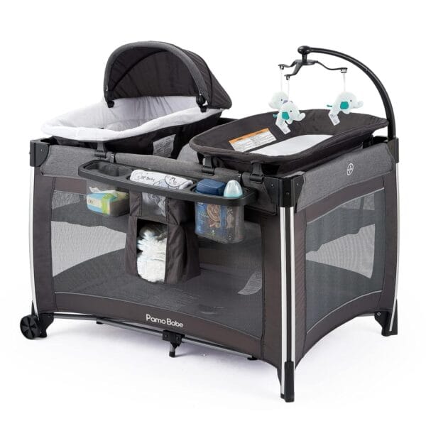 Pamo Babe 4 in 1 Portable Baby Crib Deluxe Nursery Center, Foldable Travel Playard with Bassinet, Mattress, Changing Table for Newborn, Infant, Toddler(Grey)