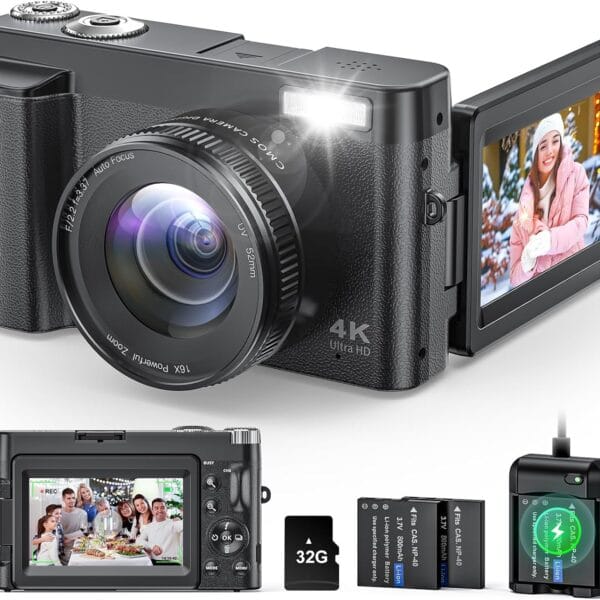 4K Digital Camera for Photography and Video, Autofocus Anti-Shake 48MP Vlogging Camera for YouTube, 3'' 180Flip Screen Camera with Flash 16X Zoom, Digital Camera with 32GB Card Battery Charger Black