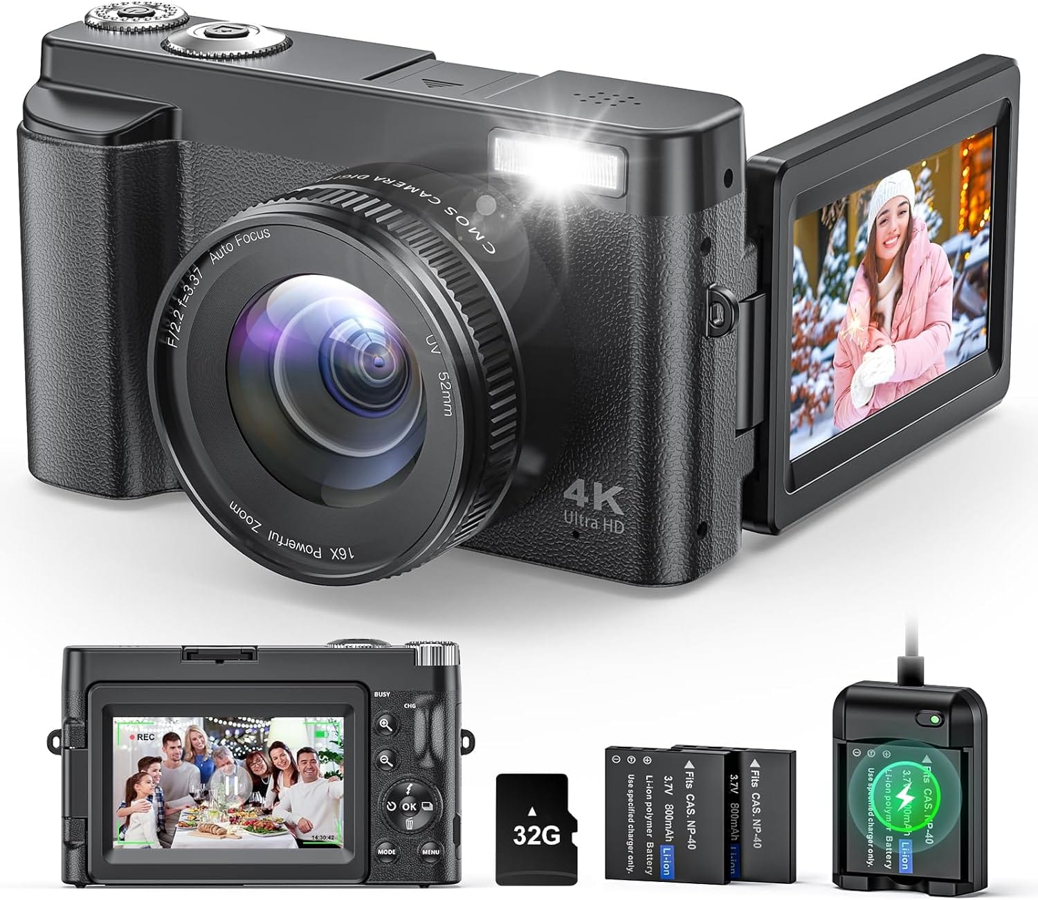 4K Digital Camera For Photography And Video, Autofocus Anti Shake 48MP Vlogging Camera For YouTube, 3'' 180Flip Screen Camera With Flash 16X Zoom, Digital Camera With 32GB Card Battery Charger Black 4K Digital Camera for Photography and Video, Autofocus Anti-Shake 48MP Vlogging Camera for YouTube, 3'' 180Flip Screen Camera with Flash 16X Zoom, Digital Camera with 32GB Card Battery Charger Black
