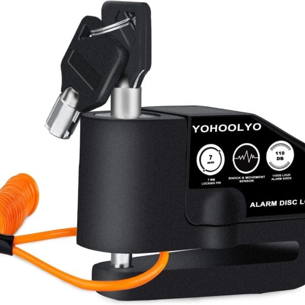 YOHOOLYO Alarm Disc Lock Motorcycle Disc Brake Lock Anti-Theft Waterproof 110 dB 7mm Pin 5ft Reminder Cable for Motorcycles Bike Scooter Carry Pouch (Black)