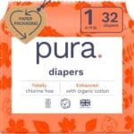 Pura Hypoallergenic Diapers, Size 1 (4-11 lbs), Newborn, Totally Chlorine Free, Wetness Indicator, Suitable for Sensitive Skin, Soft Organic Cotton Comfort, Overnight, 1 Pack of 32 Baby Diapers