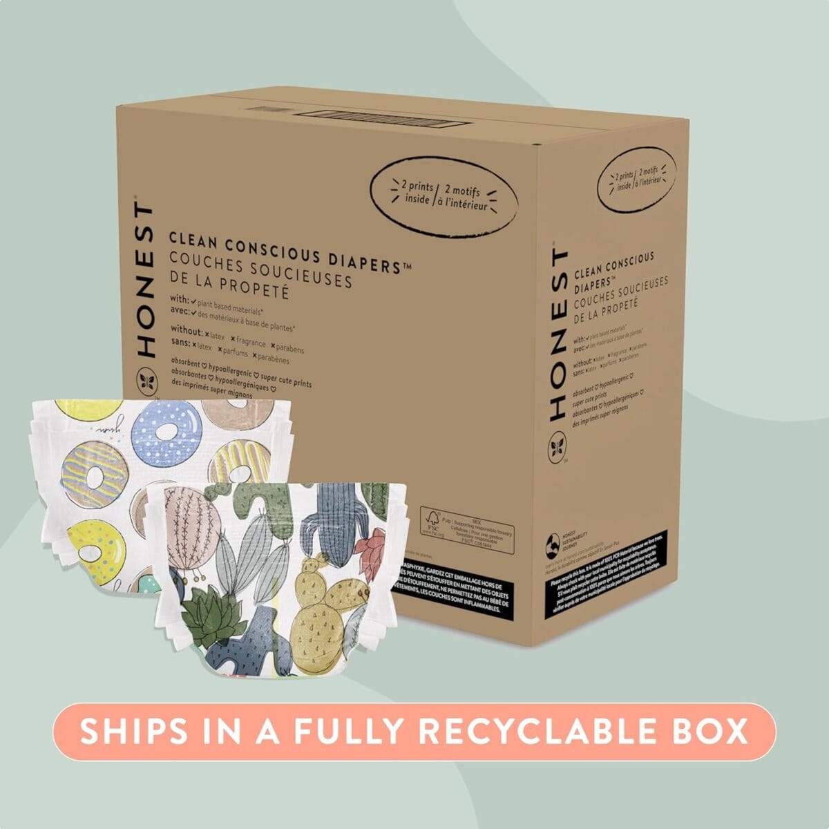The Honest Company Clean Conscious Diapers for Sensitive Skin | Hypoallergenic, Fragrance Free | Gender Neutral Prints | Super Club Box, Size 3 (16-28 lbs), 120 Count
