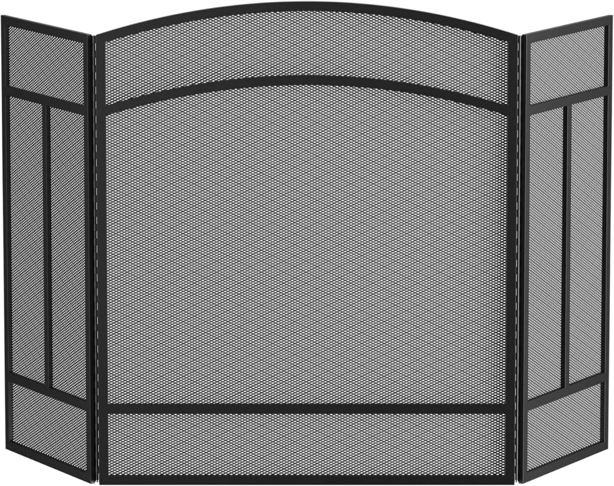 Fire Beauty Fireplace Screen 3 Panel Wrought Iron 48″(L) x 29″(H) Spark Guard Cover(Black)