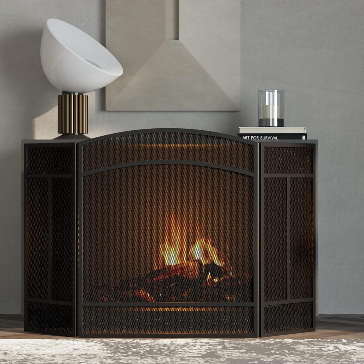 Fire Beauty Fireplace Screen 3 Panel Wrought Iron 48″(L) x 29″(H) Spark Guard Cover(Black)