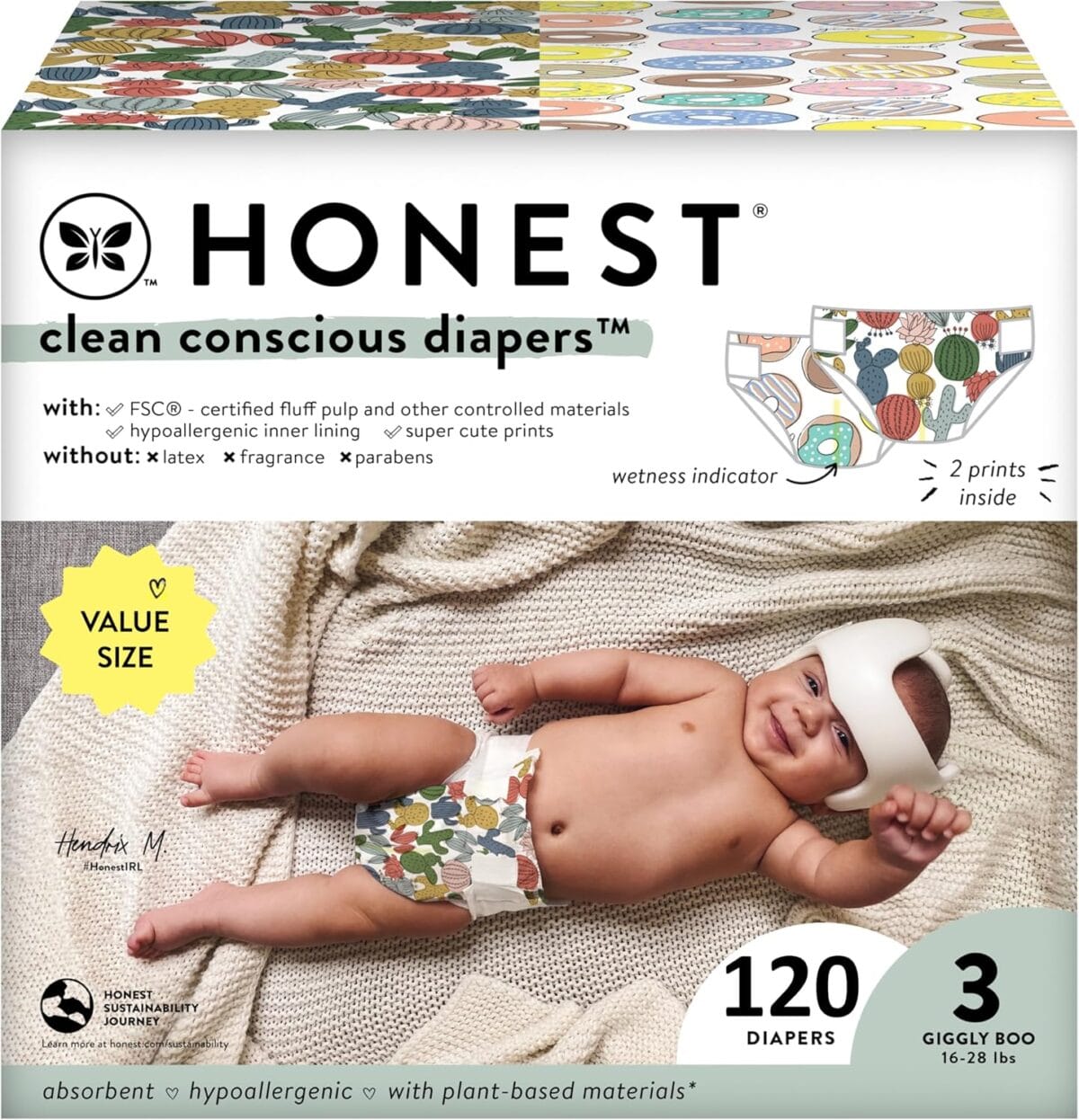 The Honest Company Clean Conscious Diapers for Sensitive Skin | Hypoallergenic, Fragrance Free | Gender Neutral Prints | Super Club Box, Size 3 (16-28 lbs), 120 Count