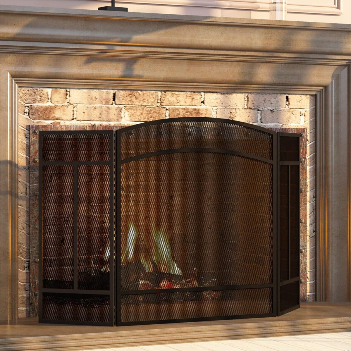 Fire Beauty Fireplace Screen 3 Panel Wrought Iron 48″(L) x 29″(H) Spark Guard Cover(Black)