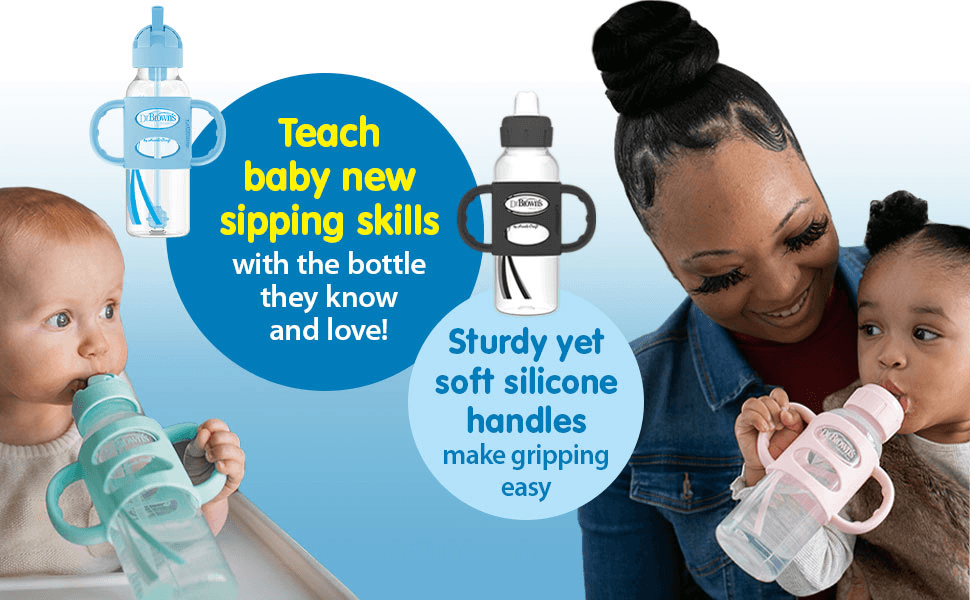 Sippy Spout and Straw Bottles teach baby new sipping skills with the bottle they know + love