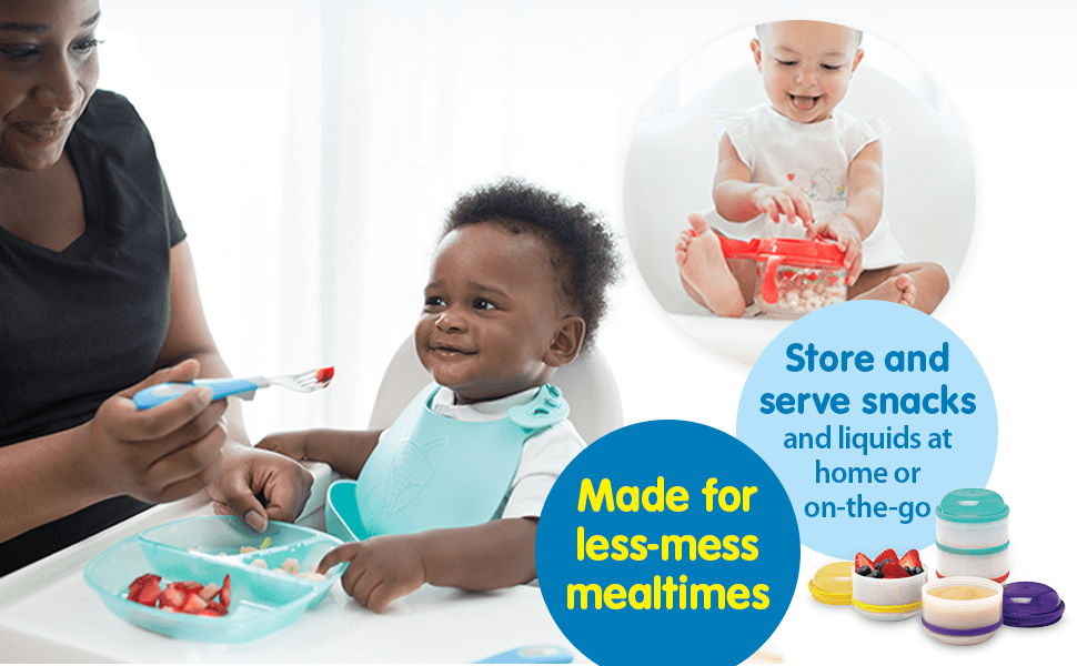 Dr. Brown's Solid Feeding, made for less-mess mealtimes! Store + serve snacks at home or on the go
