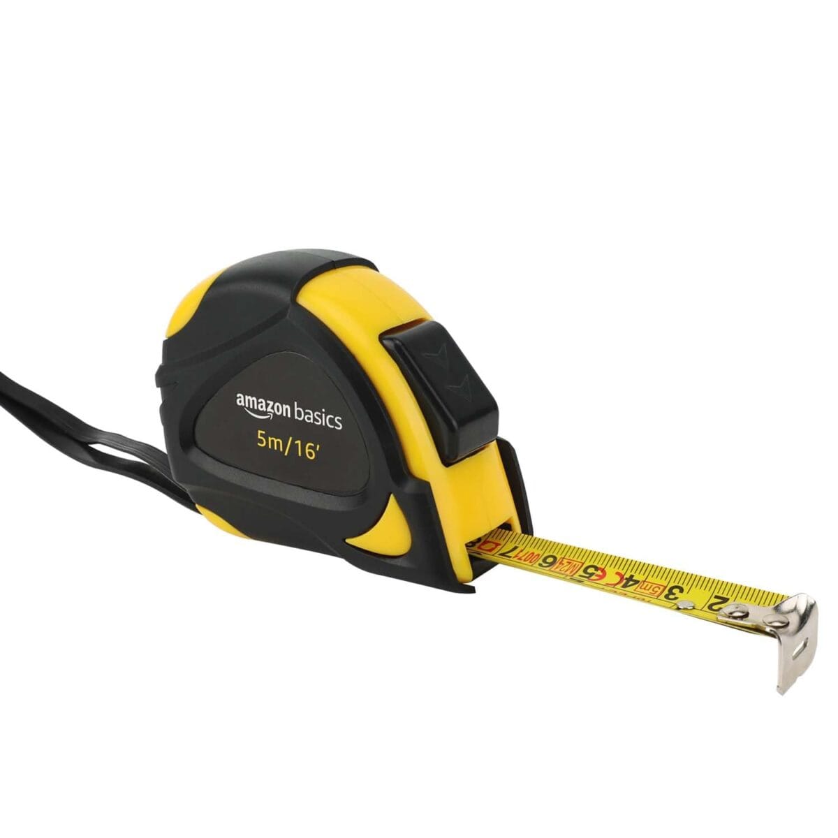 Amazon Basics Self-Locking Tape Measure, 16 feet (5 m), Inch/Metric Scale, MID Accuracy, Black, Yellow