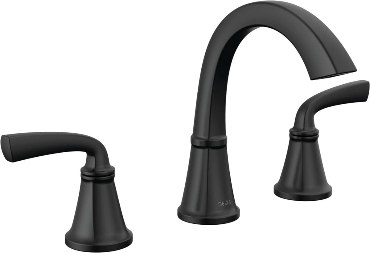 Delta Faucet Geist Widespread Bathroom Faucet 3 Hole, Matte Black Bathroom Faucet, Bathroom Sink Faucet, Bathroom Faucets for Sink 3 Hole, Drain Assembly Included, Matte Black 35864LF-BL