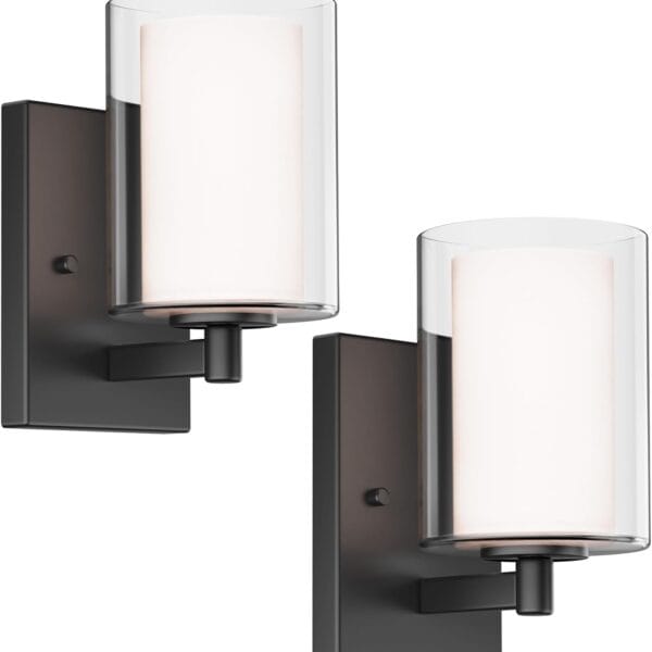 Wall Sconces Set of 2 Modern Vanity Lights with Double Clear Glass Shade Matte Black Indoor Farmhouse Wall Lights for Bathroom Living Room Bedroom Hallway Bulb E26 Base (Bulbs Not Included)