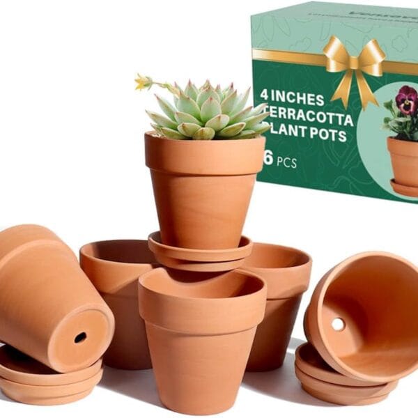 vensovo 4 Inch Terracotta Plant Pots with Saucer - 6 Pack Clay Flower Pots with Drainage, Great for Plants, Crafts, Wedding Favor