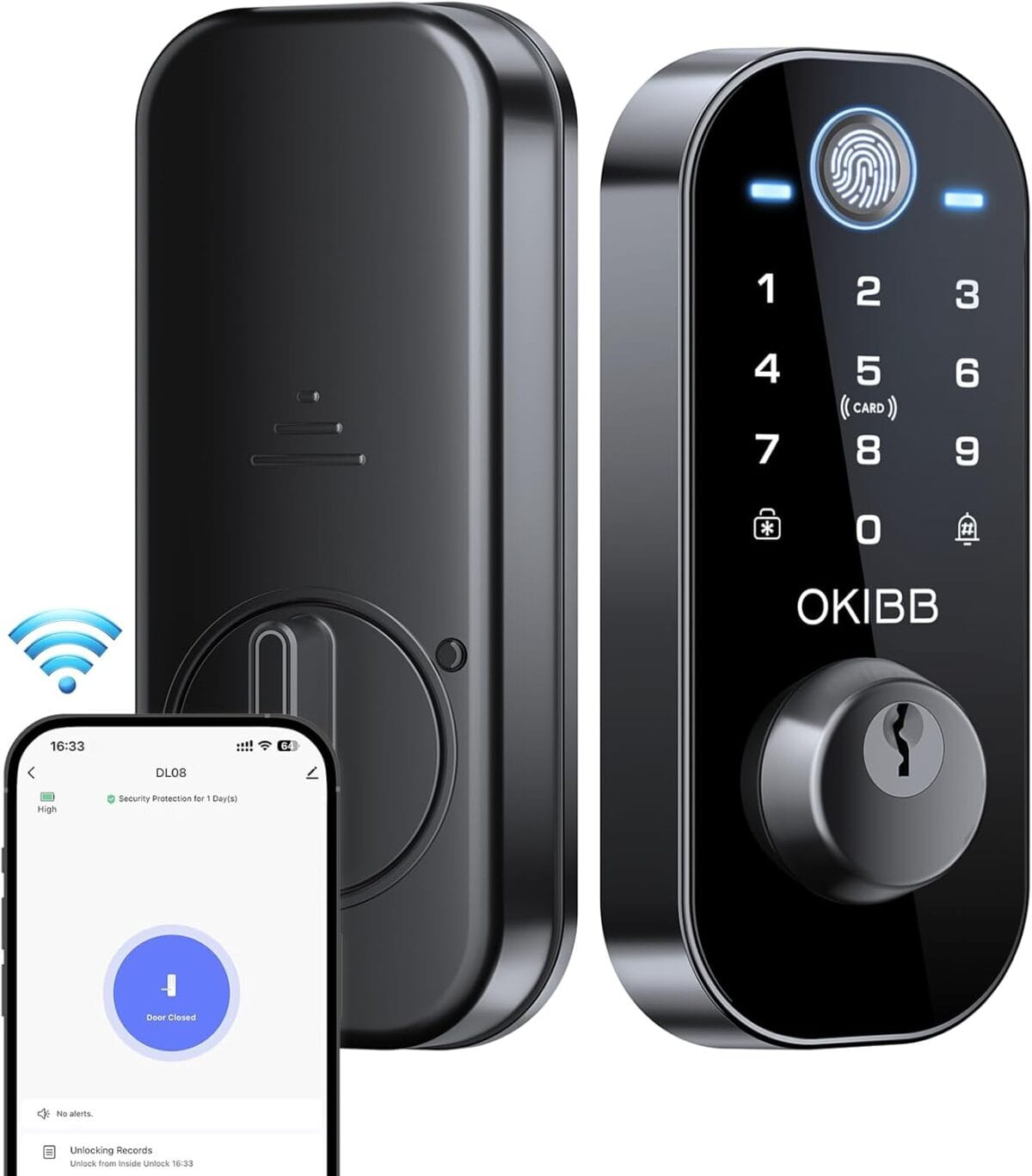 Smart Lock with Built-in Wi-Fi App Remote Control, OKIBB Fingerprint Door Lock with Doorbell, Keyles Entry Door Lock with Emergency Power IP54 Waterproof ANSI Grade 3