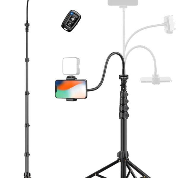 Phone Tripod, 86" Tall Tripod for iPhone with Flexible Gooseneck & Remote, Portable Aluminum Cellphone Stand for Selfies, Video Recording,Travel, Compatible with iPhone Android