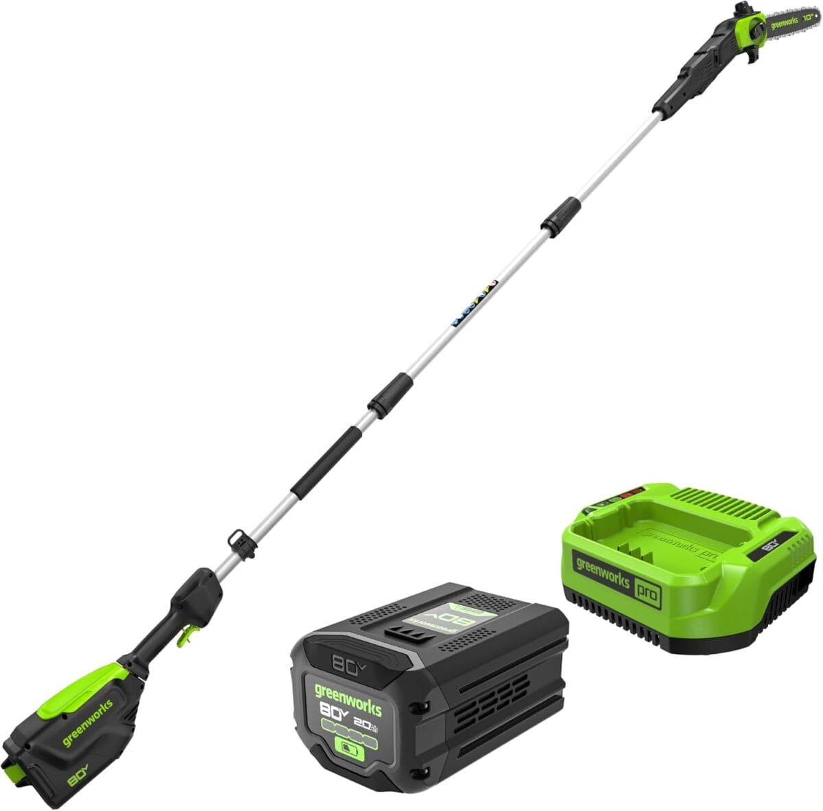 Greenworks 80V 10" Brushless Cordless Polesaw (Great For Pruning and Trimming Branches / 75+ Compatible Tools), 2.0Ah Battery and Charger