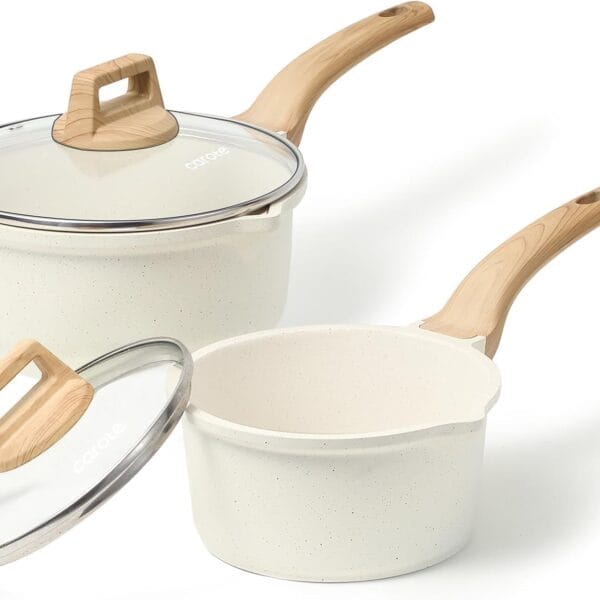 CAROTE 1.5Qt & 3.0Qt Sauce Pan Set with Lid Nonstick Saucepan 4 Pcs Non Stick Sauce Pots Cooking Pot with Pour Spout, Easy to Clean, Small Kitchen Pots Induction Pot, PFOA FREE (White Granite)