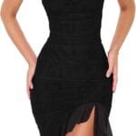 BORIFLORS Women's Sexy Ruched Bodycon Midi Dresses Square Neck Sleeveless Ruffle Hem Club Party Tank Dress