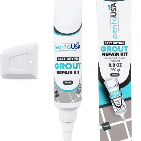 PentaUSA Tile Grout Repair Kit - White Grout Filler, Triple Protection, Fast Drying Formula Restores and Renews Grout Lines with Scraper (White, 8.8oz / 250gr)