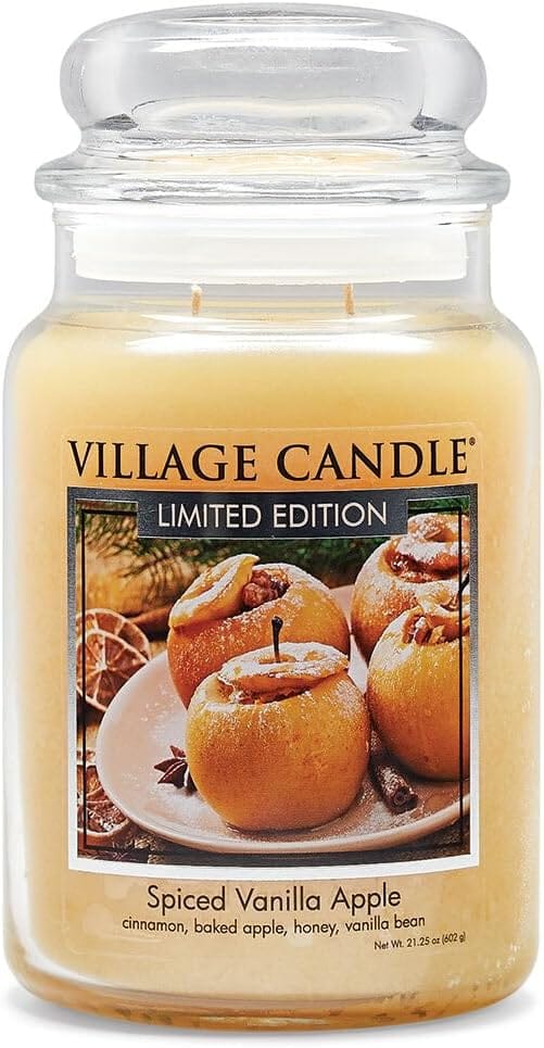 Village Candle Spiced Vanilla Apple, Large Glass Apothecary Jar Scented Candle, 21.25 oz, Ivory