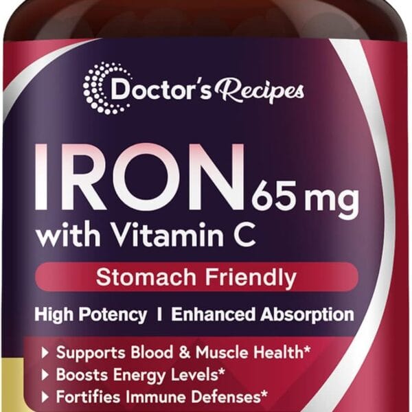 Doctor's Recipes Iron Supplement 65 mg with Vitamin C - Maximized Absorption, Stomach Friendly & High Potency Iron Pills for Red Blood Cells Formation & Immunity Health - Vegan Non-GMO 60 Iron Tablets