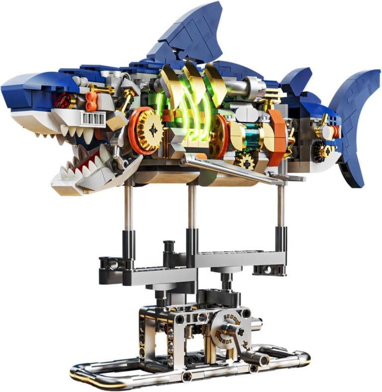 Mechanical Shark Building Set with LED Light, 687 PCS Movable Ocean Animal with Display Stand, Sea Fish Building Block Toy, Home Decor Gift for Adults Teens Kids Boys Ages 12+