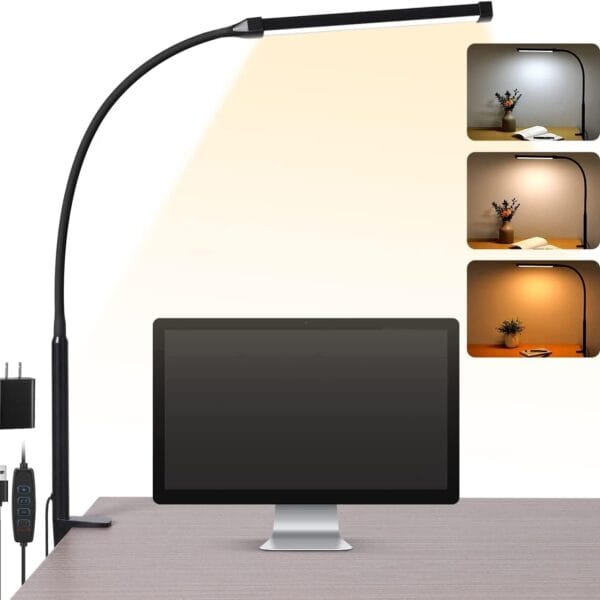 LED Desk Lamp with Clamp, Eye-Caring Clip on Lights for Home Office, 3 Modes 10 Brightness, Long Flexible Gooseneck, Metal, Swing Arm Architect Task Table Lamps with USB Adapter, Black