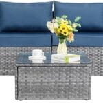 Shintenchi 7 Pieces Outdoor Patio Sectional Sofa Couch, Silver Gray PE Wicker Furniture Conversation Sets with Washable Cushions & Glass Coffee Table for Garden, Poolside, Backyard (Aegean Blue)