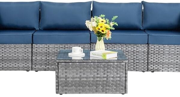 Shintenchi 7 Pieces Outdoor Patio Sectional Sofa Couch, Silver Gray PE Wicker Furniture Conversation Sets with Washable Cushions & Glass Coffee Table for Garden, Poolside, Backyard (Aegean Blue)