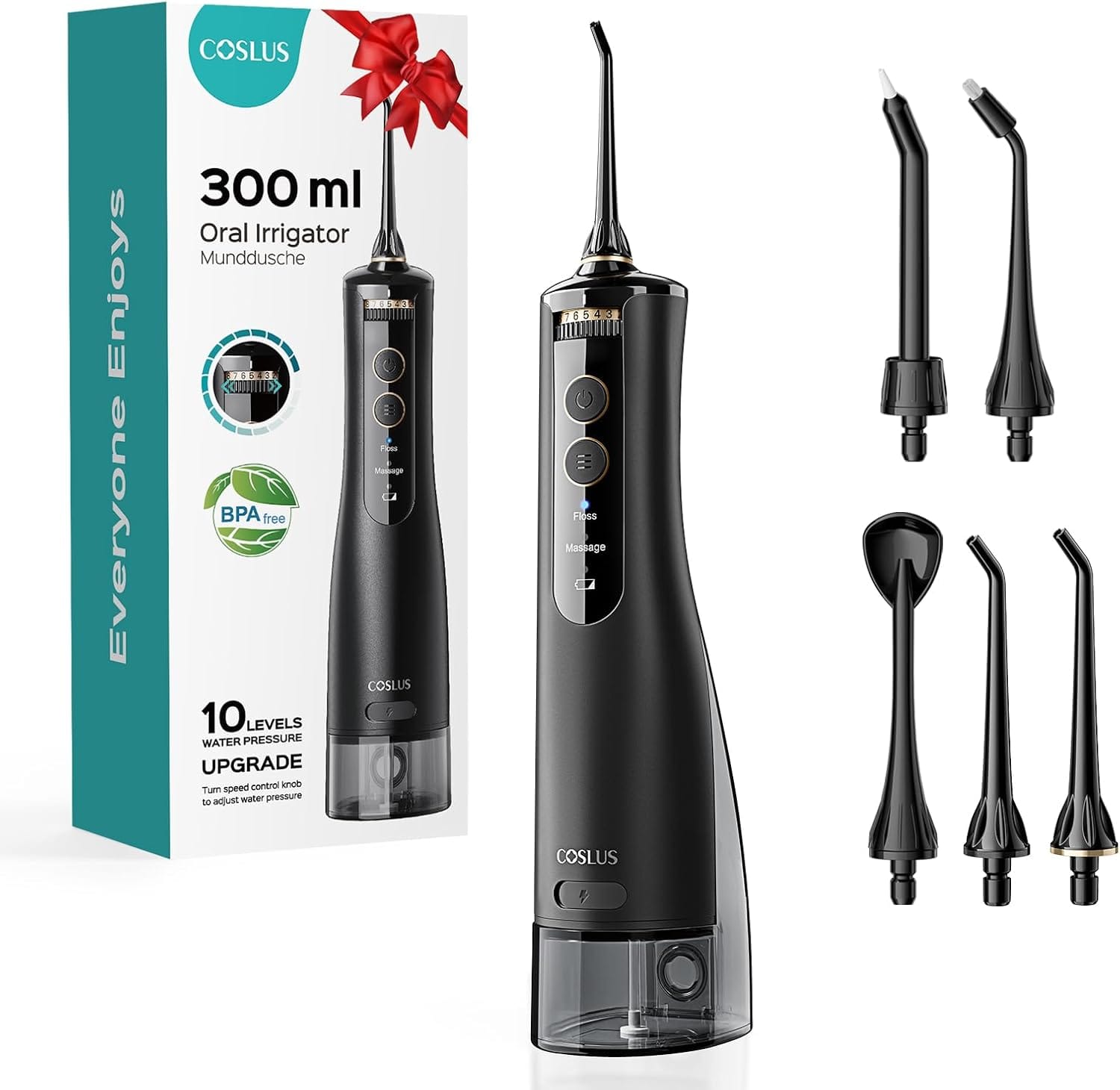 COSLUS Cordless Water Flosser & Dental Pick For Teeth, Braces, Gums Care Advanced 10 Pressure Settings For Multiple Users, Rechargeable, Portable For Travel, BPA Free, Black, E40(WFP14) COSLUS Cordless Water Flosser & Dental Pick for Teeth, Braces, Gums Care - Advanced 10 Pressure Settings for Multiple Users, Rechargeable, Portable for Travel, BPA-Free, Black, E40(WFP14)