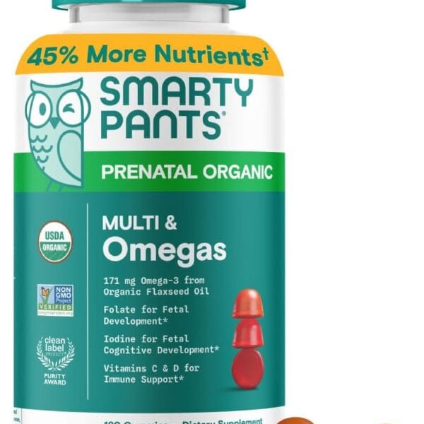 SmartyPants Organic Prenatal Vitamins for Women, Multivitamin Gummies: Biotin, Methylfolate, Omega 3 (ALA), Vitamin D3, C, Vitamin B12, B6, A, K2 & Zinc, Choline, Vegetarian, 120 Count (30 Day Supply)