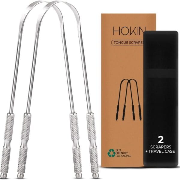 Tongue Scraper for Adults by HOKIN (2Pcs Oral Care Pack) Stainless Steel Tongue Cleaners Reduce Bad Breath 100% Metal Tough Scrapers Men and Women Hygiene Product