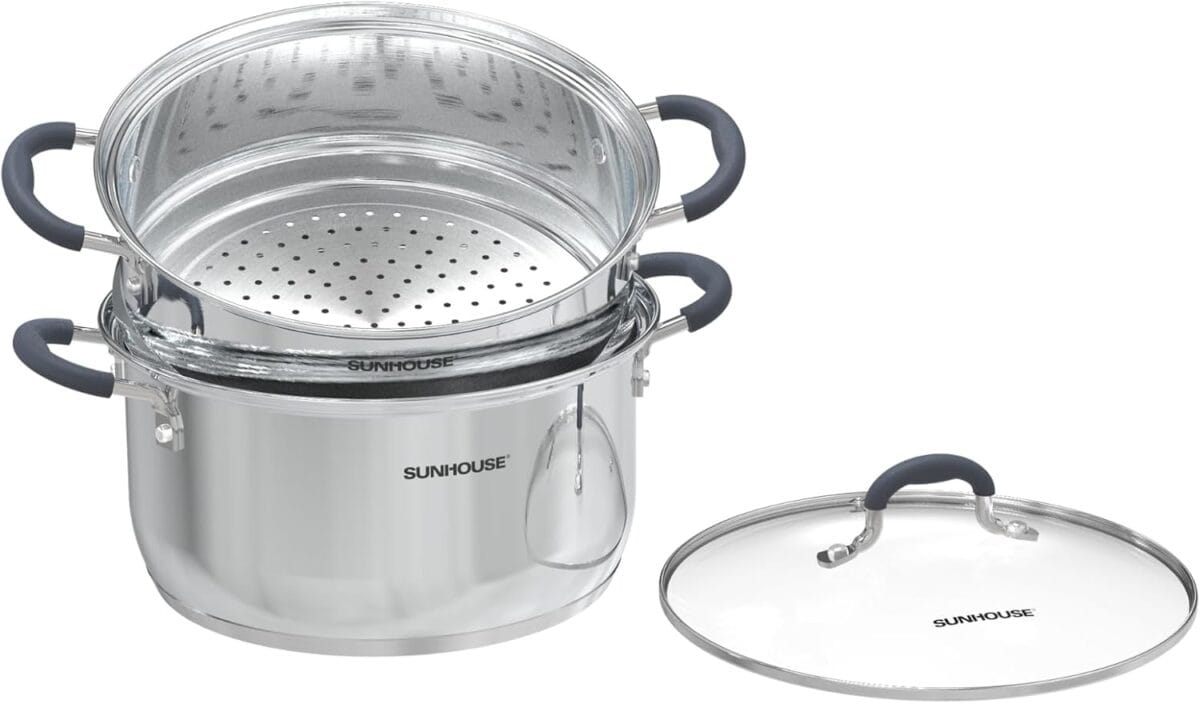SUNHOUSE - 3.3 Quarts Steamer Pots With Lid 2-Tier Multipurpose Stainless Steel Steaming Pot Cookware For Vegetable, Dumpling, Sauce, Food - Triple Bottom, Measurement Line