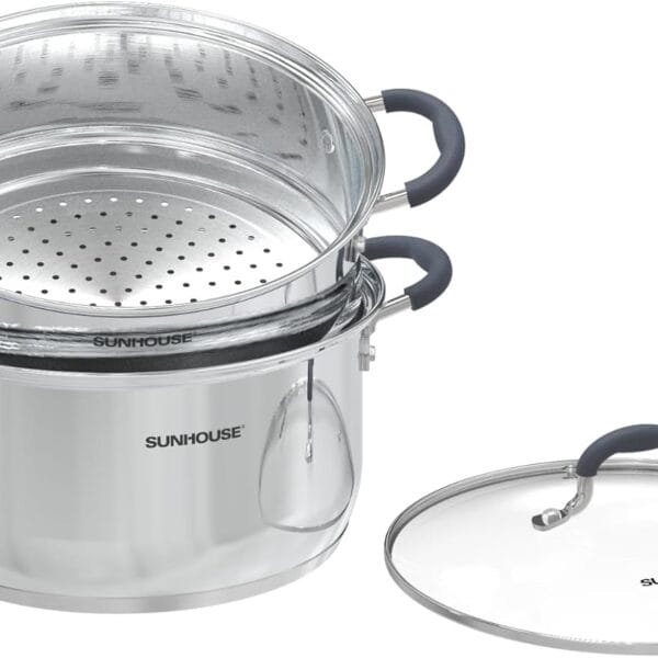 SUNHOUSE - 3.3 Quarts Steamer Pots With Lid 2-Tier Multipurpose Stainless Steel Steaming Pot Cookware For Vegetable, Dumpling, Sauce, Food - Triple Bottom, Measurement Line