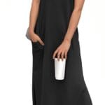 GRECERELLE 2025 Women Summer Round Neck Casual Loose Split Wrinkle-Free Long Maxi Vacation Dress with Pockets (XS-3XL)
