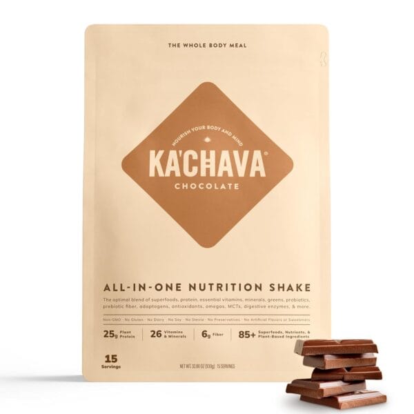KaChava All-In-One Nutrition Shake Blend, Chocolate, 15 Servings, 85+ Superfoods & Nutrients, Meal Replacement, Greens Plant-Based Superfood Powder Protein Drink, Digestive Enzymes & Probiotics, Vegan Dairy Gluten Free