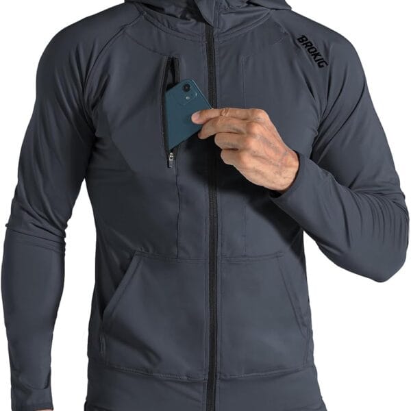 BROKIG Mens WindBreak Lightweight Running Jackets with Zip Pocket, Workout Track Hoodie Athletic Gym Sweatshirts Men